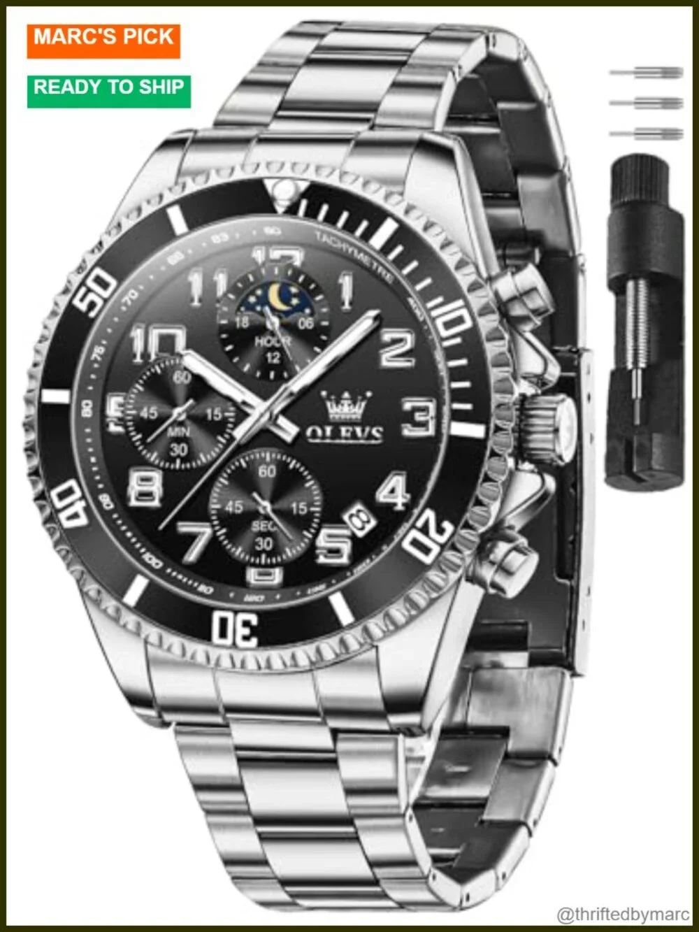 Stainless Steel Dress Watch with Date Big Face Chronograph Waterproof 43mm